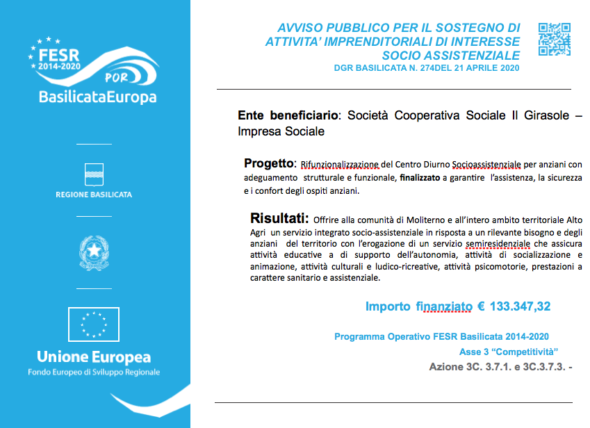 Tabella del contributo FESR Basilicata 2014-2020 per la rifunzionalizzazione del Centro Diurno Socioassistenziale per anziani, importo 133.347,32 euro