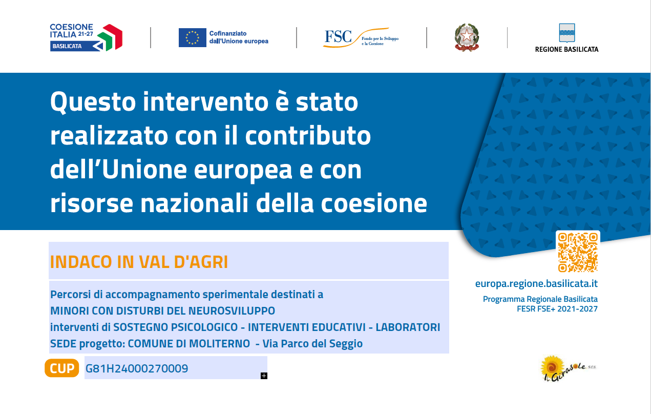 Targa del progetto INDACO in Val d'Agri con loghi istituzionali, CUP G81H24000270009